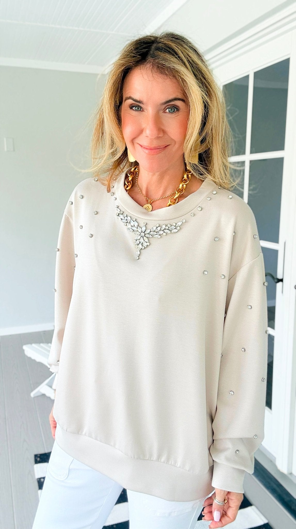 Embellished Detail Italian Sweater- Beige