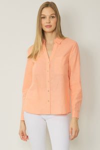 V-Neck Linen Button Down - Peach-130 Long Sleeve Tops-entro-Coastal Bloom Boutique, find the trendiest versions of the popular styles and looks Located in Indialantic, FL