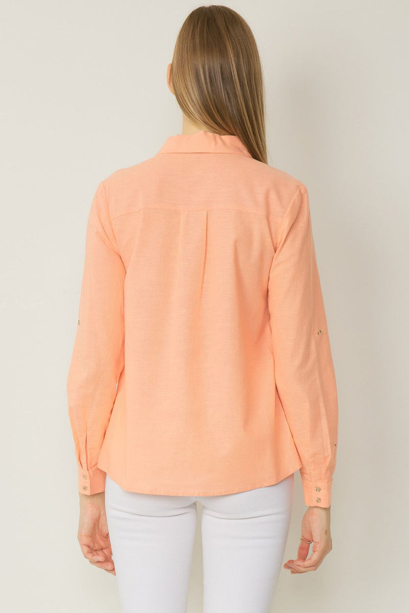 V-Neck Linen Button Down - Peach-130 Long Sleeve Tops-entro-Coastal Bloom Boutique, find the trendiest versions of the popular styles and looks Located in Indialantic, FL