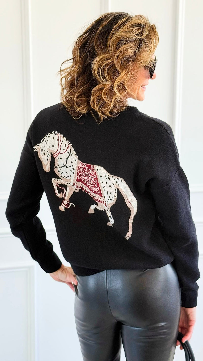 Equestrian Parade Italian Cardigan- Black-140 Sweaters-K2-Coastal Bloom Boutique, find the trendiest versions of the popular styles and looks Located in Indialantic, FL