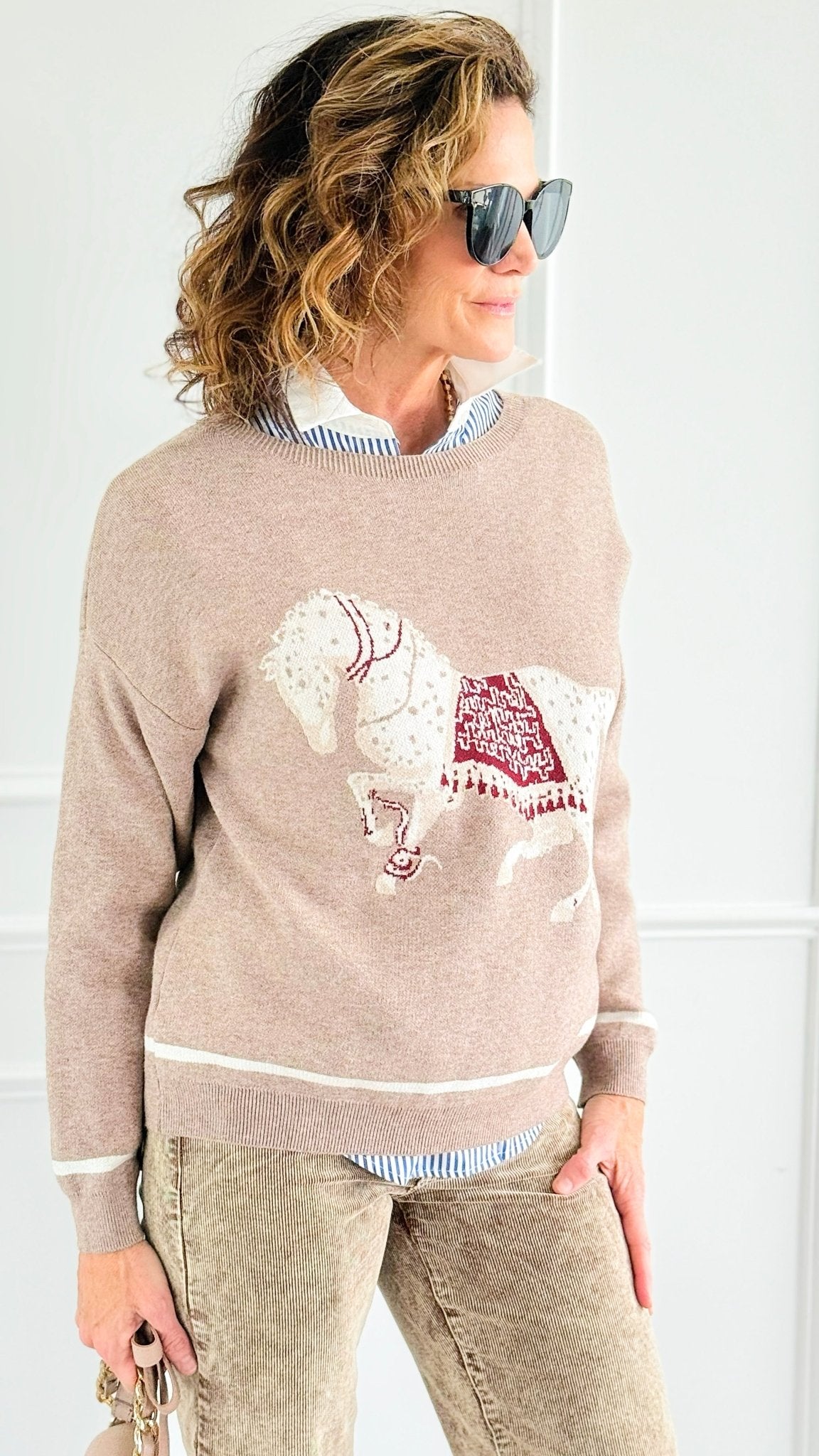 Equestrian Parade Italian Sweater- Beige-140 Sweaters-K2-Coastal Bloom Boutique, find the trendiest versions of the popular styles and looks Located in Indialantic, FL