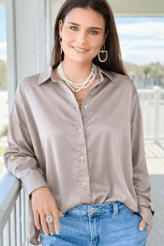 Essential Italian Button Top- Taupe