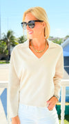 Everyday Luxe V-Neck - Oatmeal-110 Long Sleeve Tops-YELETE-Coastal Bloom Boutique, find the trendiest versions of the popular styles and looks Located in Indialantic, FL