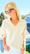 Everyday Luxe V-Neck - Oatmeal-110 Long Sleeve Tops-YELETE-Coastal Bloom Boutique, find the trendiest versions of the popular styles and looks Located in Indialantic, FL