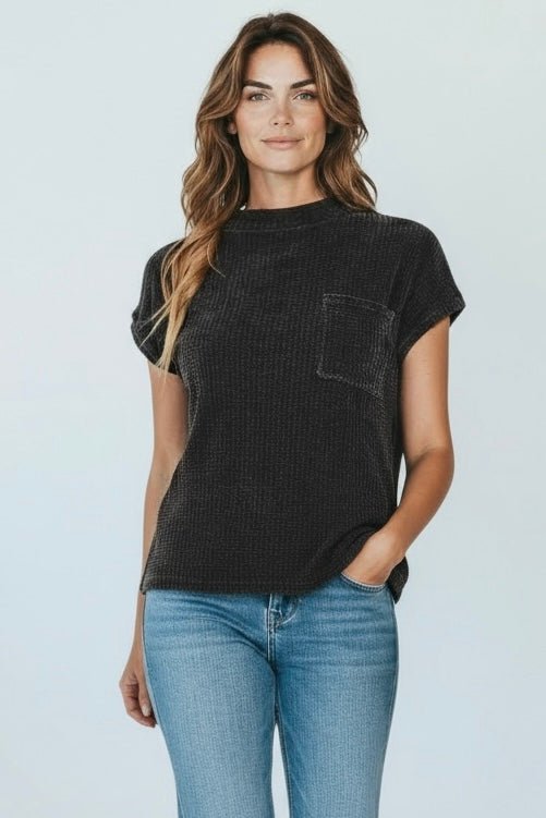 Everyday Waffle Knit Top - Black-110 Short Sleeve Tops-Zenana-Coastal Bloom Boutique, find the trendiest versions of the popular styles and looks Located in Indialantic, FL