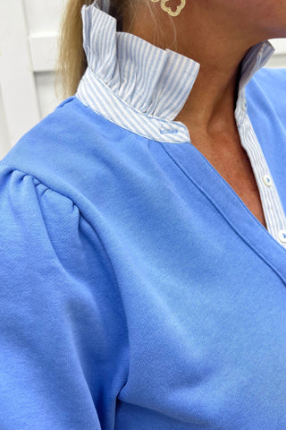 Harbor Stripe Frill Collar Blouse - Sky Blue