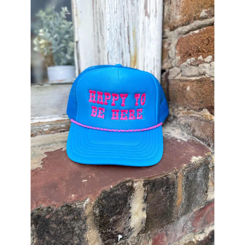 Happy To Be Here Trucker Hat-260 Other Accessories-Pierce + Pine-Coastal Bloom Boutique, find the trendiest versions of the popular styles and looks Located in Indialantic, FL