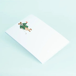 White card with a dog illustration on a light blue background