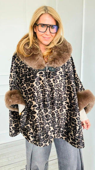 Faux Fur Collar & Cuff Poncho - Leopard