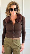 Faux Fur Collar Ribbed Cardigan -Brown-140 Sweaters-Blu Pepper-Coastal Bloom Boutique, find the trendiest versions of the popular styles and looks Located in Indialantic, FL