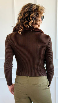 Faux Fur Collar Ribbed Cardigan -Brown-140 Sweaters-Blu Pepper-Coastal Bloom Boutique, find the trendiest versions of the popular styles and looks Located in Indialantic, FL