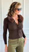 Faux Fur Collar Ribbed Cardigan -Brown-140 Sweaters-Blu Pepper-Coastal Bloom Boutique, find the trendiest versions of the popular styles and looks Located in Indialantic, FL