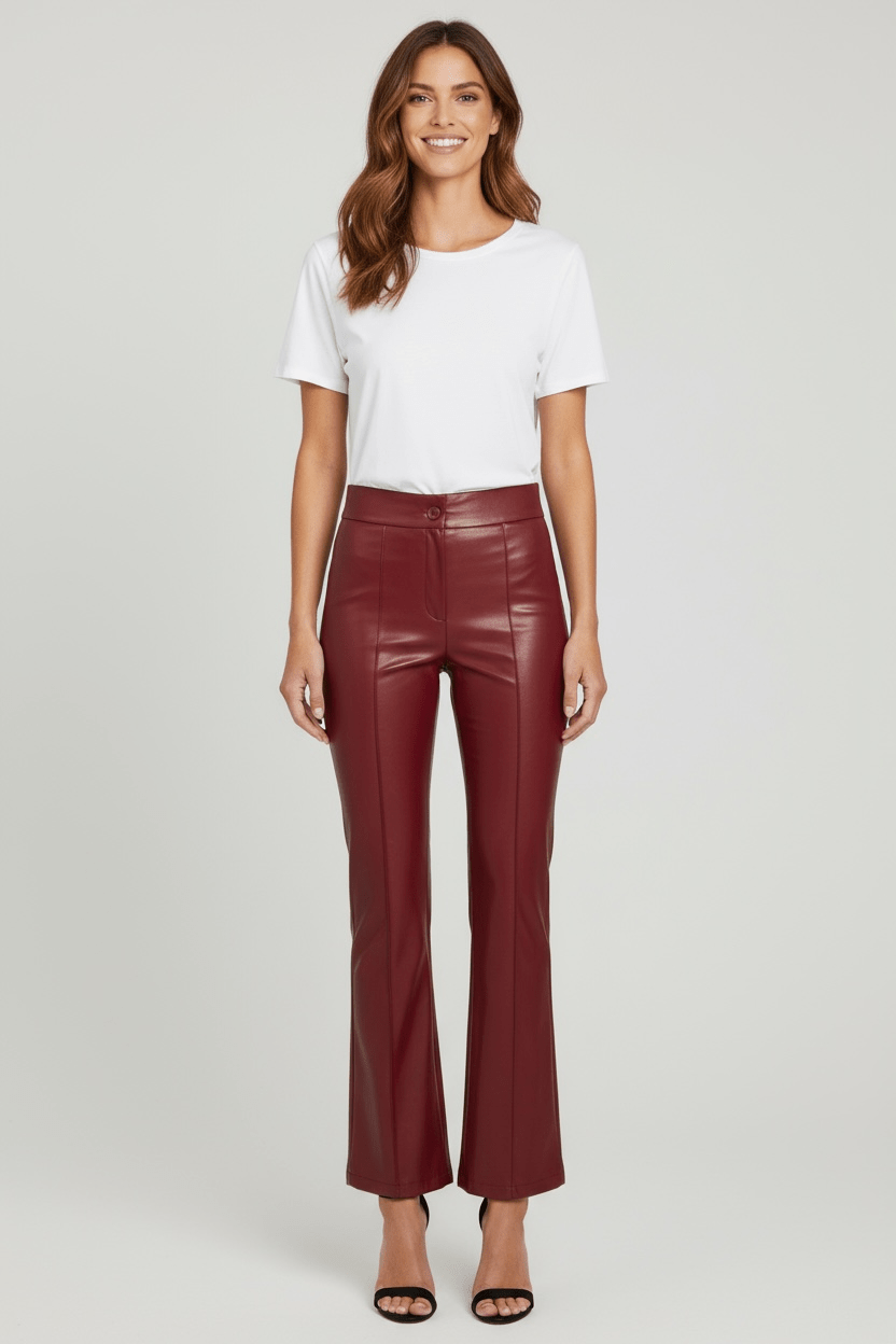 Faux Leather Pintuck Flared Trousers - Burgundy-170 Bottoms-Must Have-Coastal Bloom Boutique, find the trendiest versions of the popular styles and looks Located in Indialantic, FL