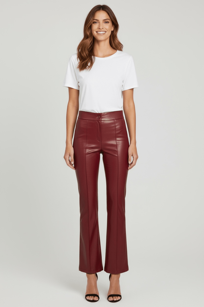 Faux Leather Pintuck Flared Trousers - Burgundy-170 Bottoms-Must Have-Coastal Bloom Boutique, find the trendiest versions of the popular styles and looks Located in Indialantic, FL