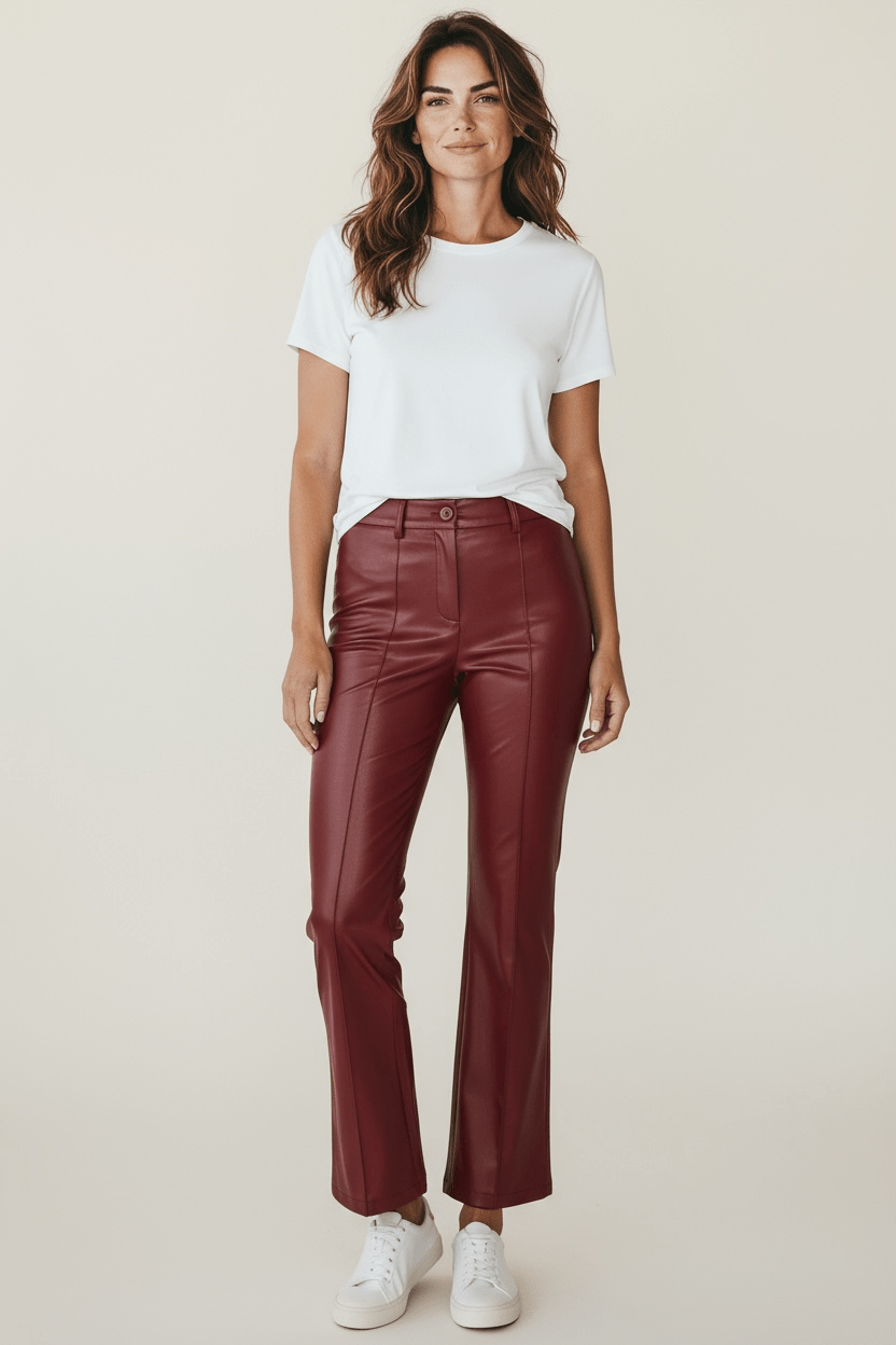 Faux Leather Pintuck Flared Trousers - Burgundy-170 Bottoms-Must Have-Coastal Bloom Boutique, find the trendiest versions of the popular styles and looks Located in Indialantic, FL