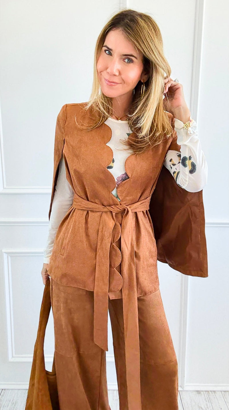 Faux Suede Scalloped Edge Belted Cape Blazer-160 Jackets-Flying Tomato-Coastal Bloom Boutique, find the trendiest versions of the popular styles and looks Located in Indialantic, FL