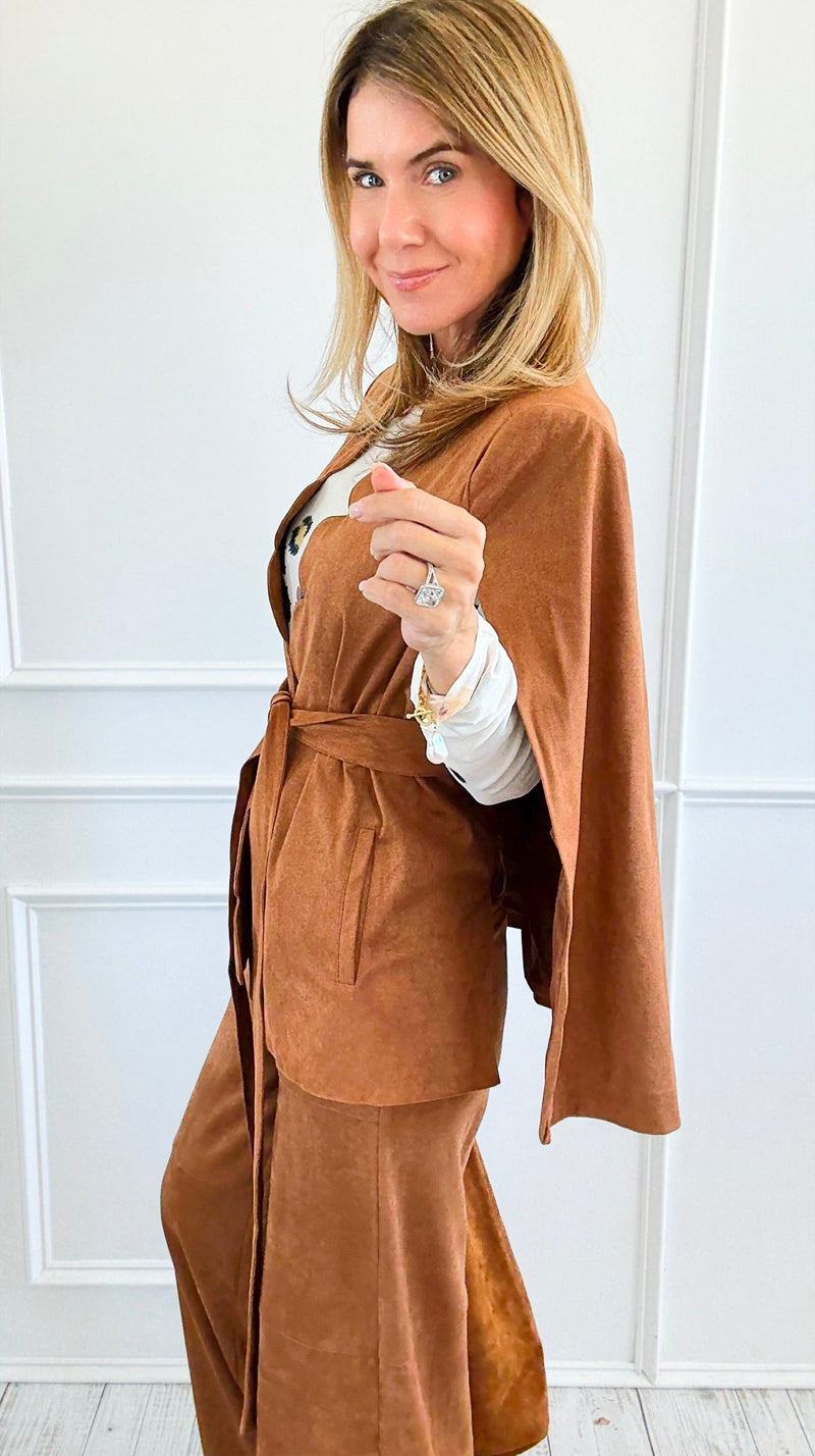 Faux Suede Scalloped Edge Belted Cape Blazer-160 Jackets-Flying Tomato-Coastal Bloom Boutique, find the trendiest versions of the popular styles and looks Located in Indialantic, FL