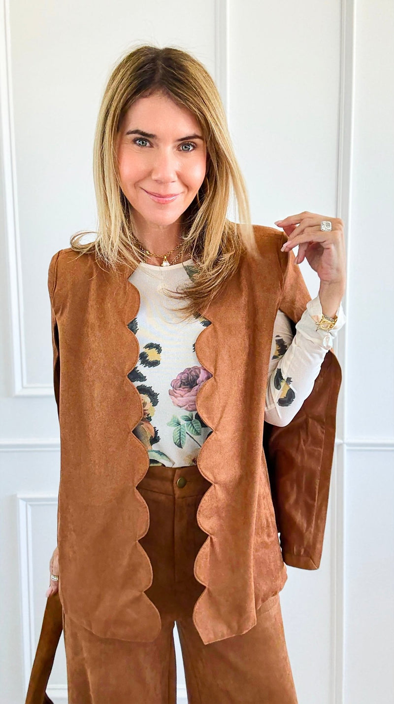 Faux Suede Scalloped Edge Belted Cape Blazer-160 Jackets-Flying Tomato-Coastal Bloom Boutique, find the trendiest versions of the popular styles and looks Located in Indialantic, FL