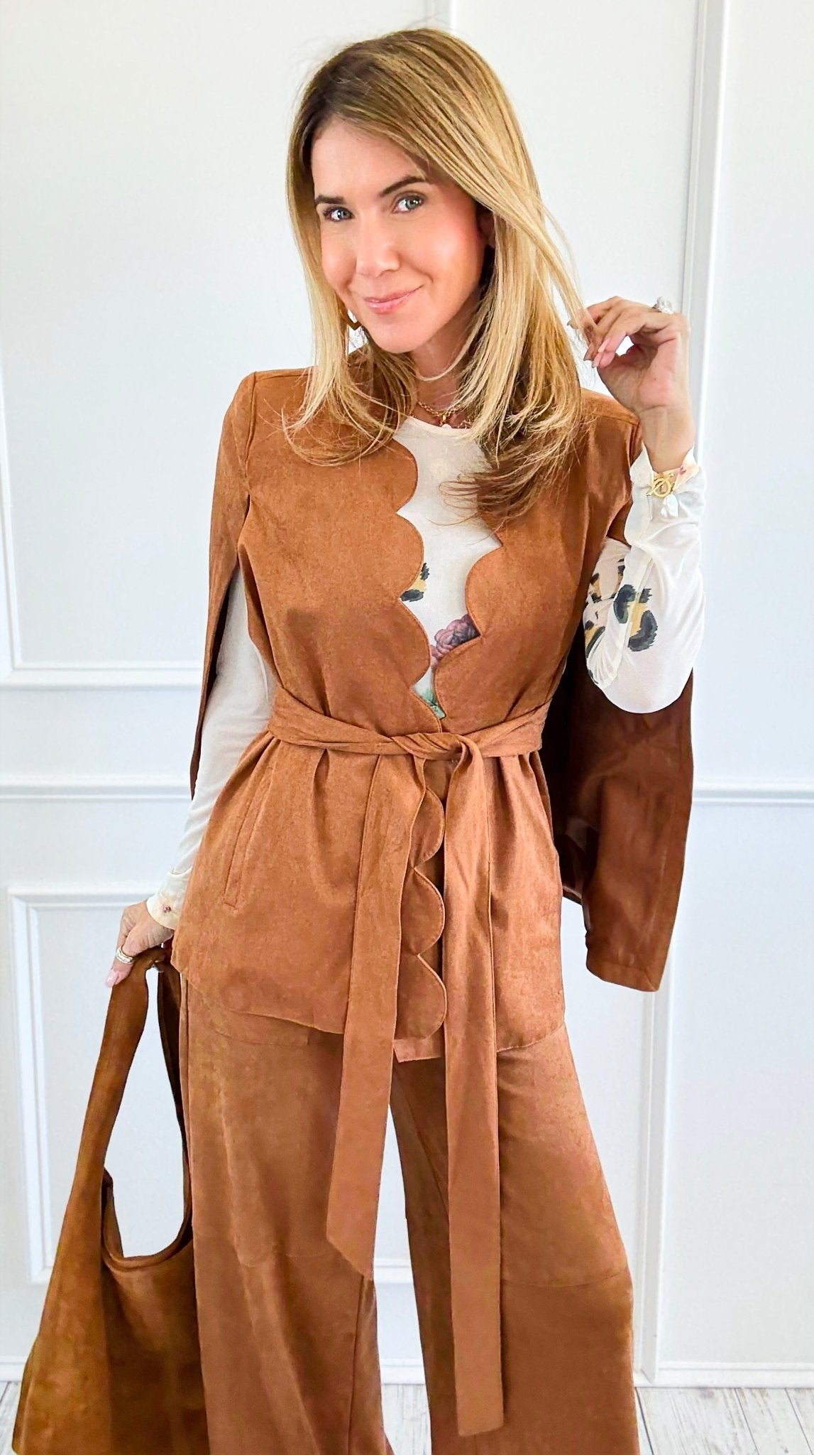 Faux Suede Scalloped Edge Belted Cape Blazer-160 Jackets-Flying Tomato-Coastal Bloom Boutique, find the trendiest versions of the popular styles and looks Located in Indialantic, FL