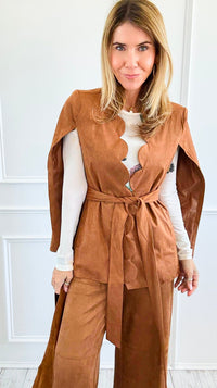 Faux Suede Scalloped Edge Belted Cape Blazer-160 Jackets-Flying Tomato-Coastal Bloom Boutique, find the trendiest versions of the popular styles and looks Located in Indialantic, FL