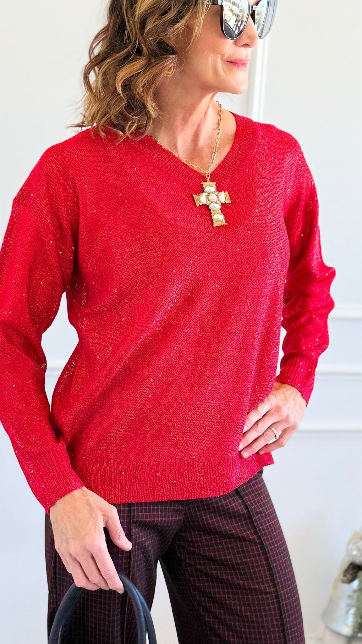 First Love Sequin Detail V-Neck Sweater-140 Sweaters-ROUSSEAU-Coastal Bloom Boutique, find the trendiest versions of the popular styles and looks Located in Indialantic, FL