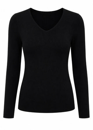 Fitted V-Neck Knit Top - Black