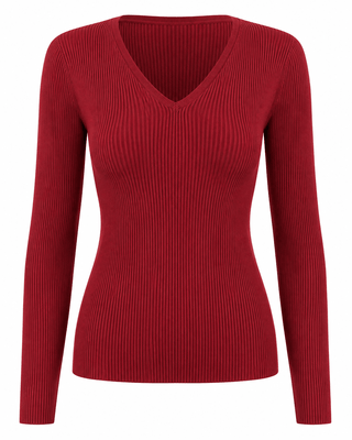 Fitted V-Neck Knit Top - Cabernet