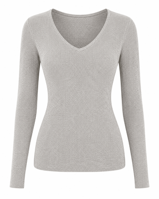 Fitted V-Neck Knit Top - H. Grey