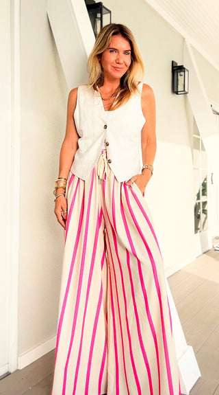 Flamingo Stripe Kapri Italian Pants- Fuchsia/Cream