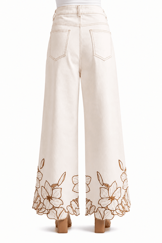 Floral Embroidered Scallop Hem Wide Leg Pants
