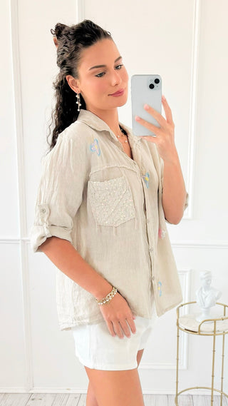 Floral Embroidered & Sequin Linen Italian Button Top