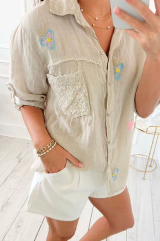 Floral Embroidered & Sequin Linen Italian Button Top