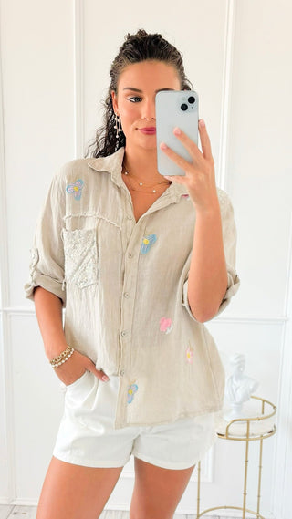 Floral Embroidered & Sequin Linen Italian Button Top