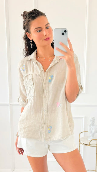 Floral Embroidered & Sequin Linen Italian Button Top