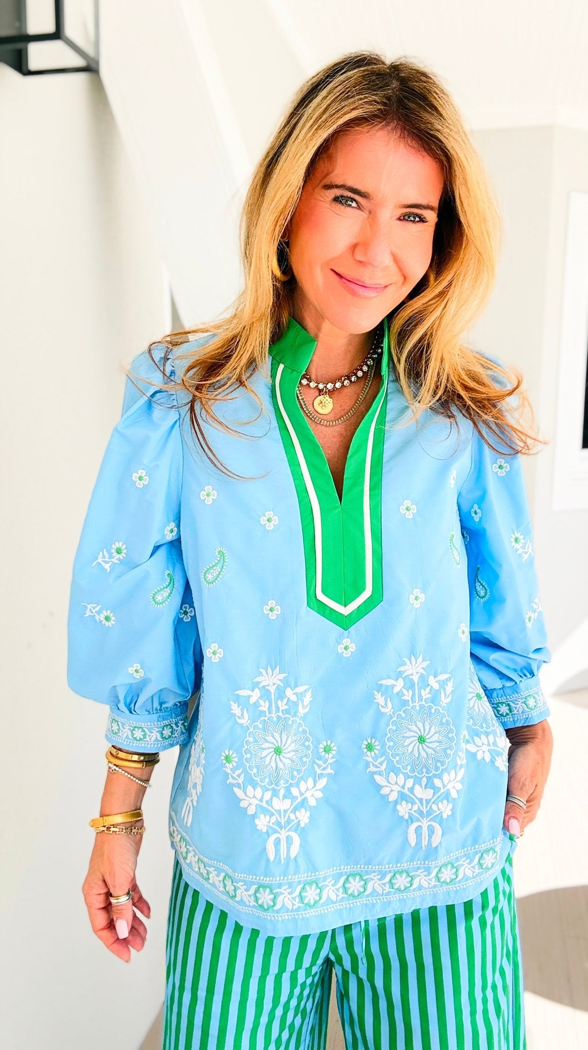 Floral Garden Embroidered Puff Sleeve Blouse - Blue