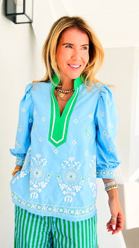 Floral Garden Embroidered Puff Sleeve Blouse - Blue