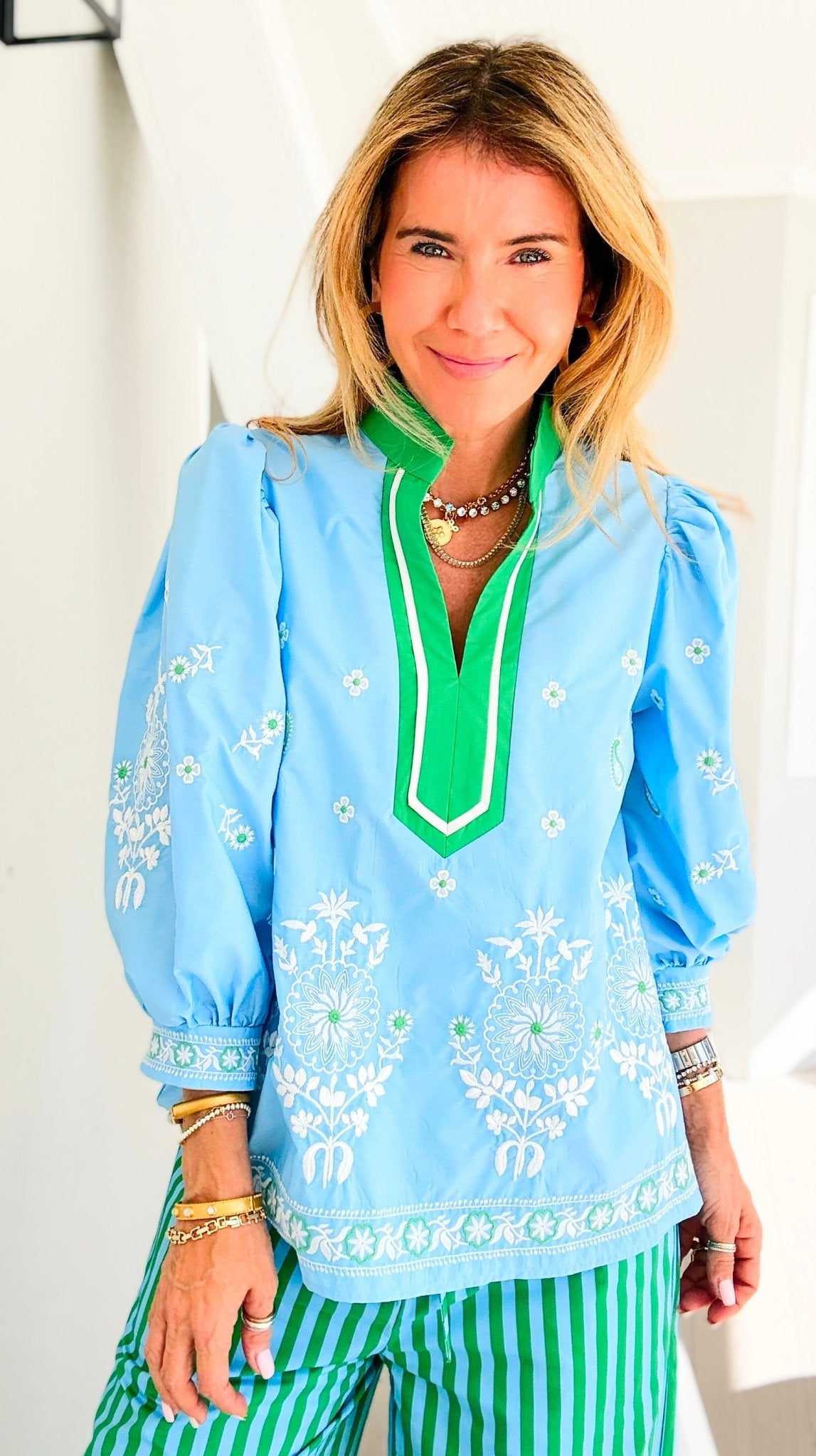 Floral Garden Embroidered Puff Sleeve Blouse - Blue