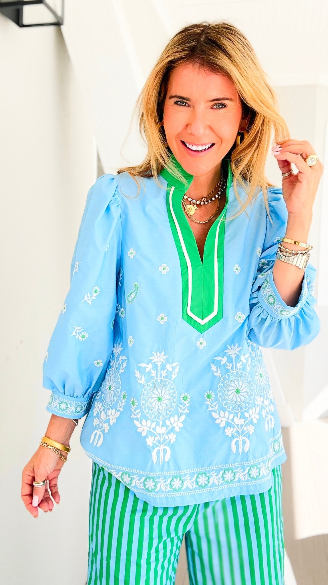 Floral Garden Embroidered Puff Sleeve Blouse - Blue