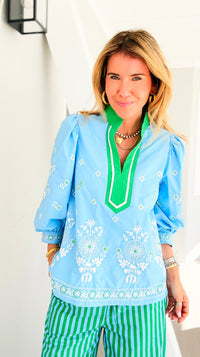 Floral Garden Embroidered Puff Sleeve Blouse - Blue