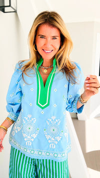 Floral Garden Embroidered Puff Sleeve Blouse - Blue