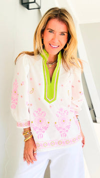 Floral Garden Embroidered Puff Sleeve Blouse - Off White