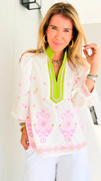 Floral Garden Embroidered Puff Sleeve Blouse - Off White