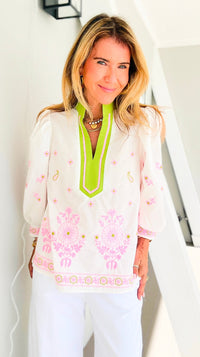 Floral Garden Embroidered Puff Sleeve Blouse - Off White