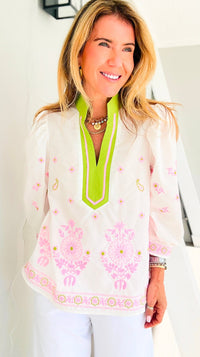 Floral Garden Embroidered Puff Sleeve Blouse - Off White