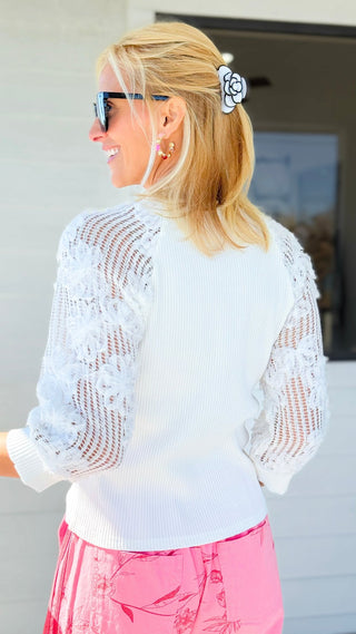 Floral Lace Sleeve Ribbed Top