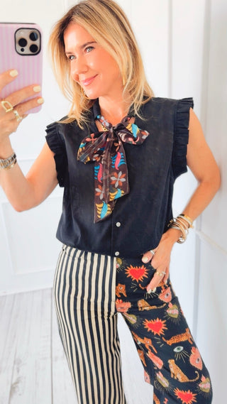 Floral Scarf Ruffle Sleeve Italian Top
