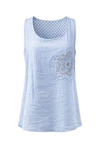 Floral Sequin Patch Italian Linen Sleeveless Top
