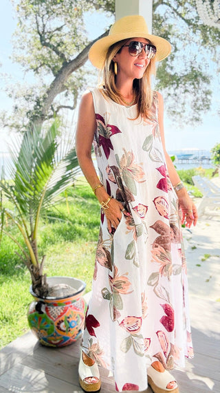 Floral Sleeveless Linen Italian Dress