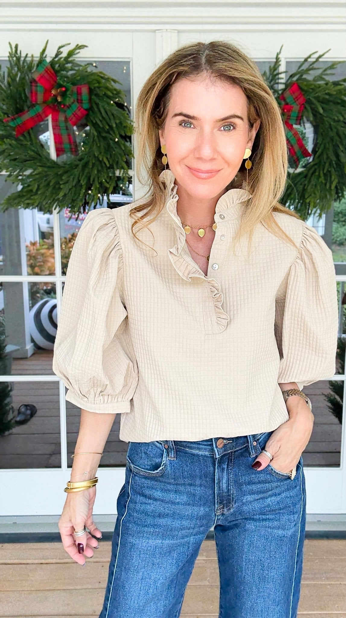 Florence Ruffle Blouse - Beige-110 Short Sleeve Tops-GLAM-Coastal Bloom Boutique, find the trendiest versions of the popular styles and looks Located in Indialantic, FL