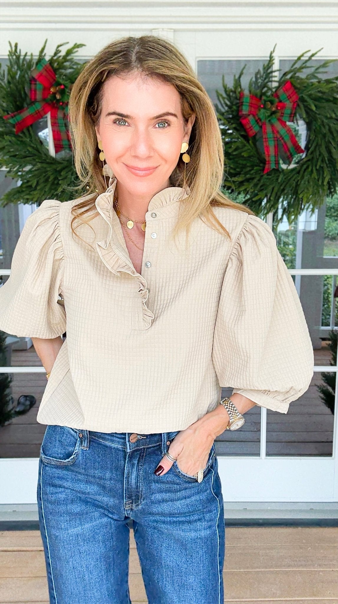 Florence Ruffle Blouse - Beige-110 Short Sleeve Tops-GLAM-Coastal Bloom Boutique, find the trendiest versions of the popular styles and looks Located in Indialantic, FL